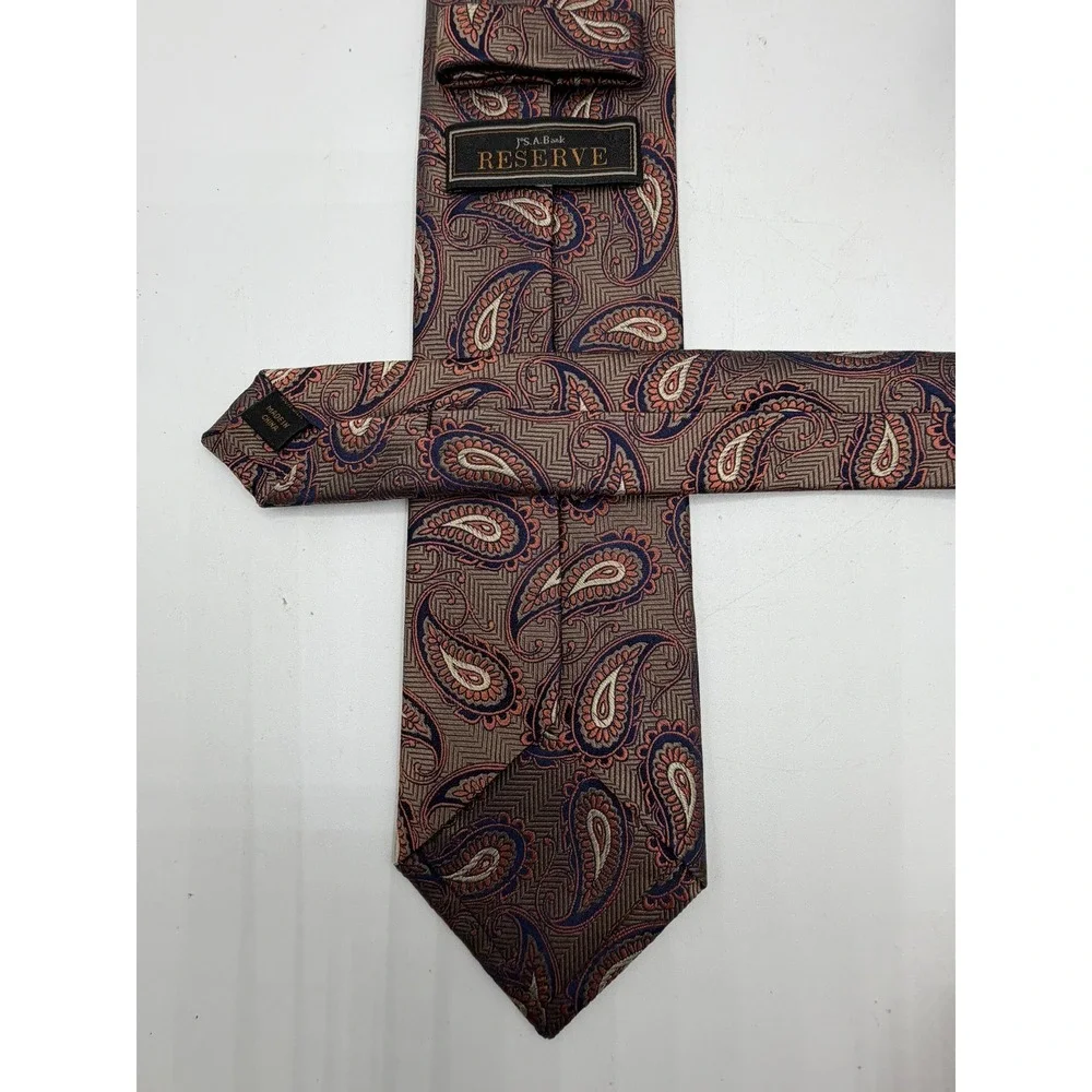 Jos. A. Bank Reserve Silk Tie Taupe Navy Copper Paisley Herringbone Necktie